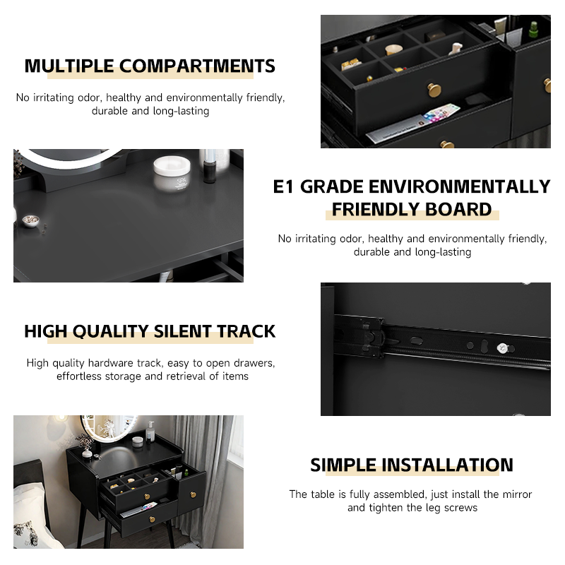 MAZAZU Kaptafel met LED Spiegel – Luxe Make-up Tafel met Lades – Zwart – 60x40x132cm