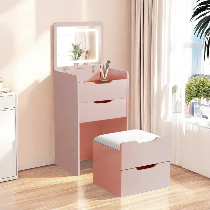 MAZAZU - Kaptafel - LED Spiegel - Krukje – Compacte Make-up Tafel – Roze – 120x48x40 cm