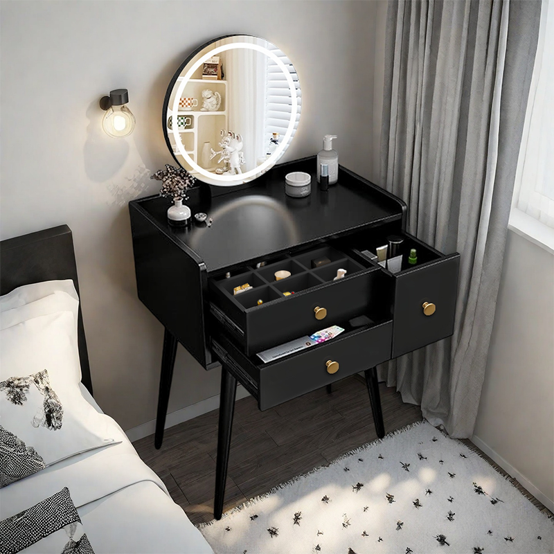 MAZAZU Kaptafel met LED Spiegel – Luxe Make-up Tafel met Lades – Zwart – 60x40x132cm