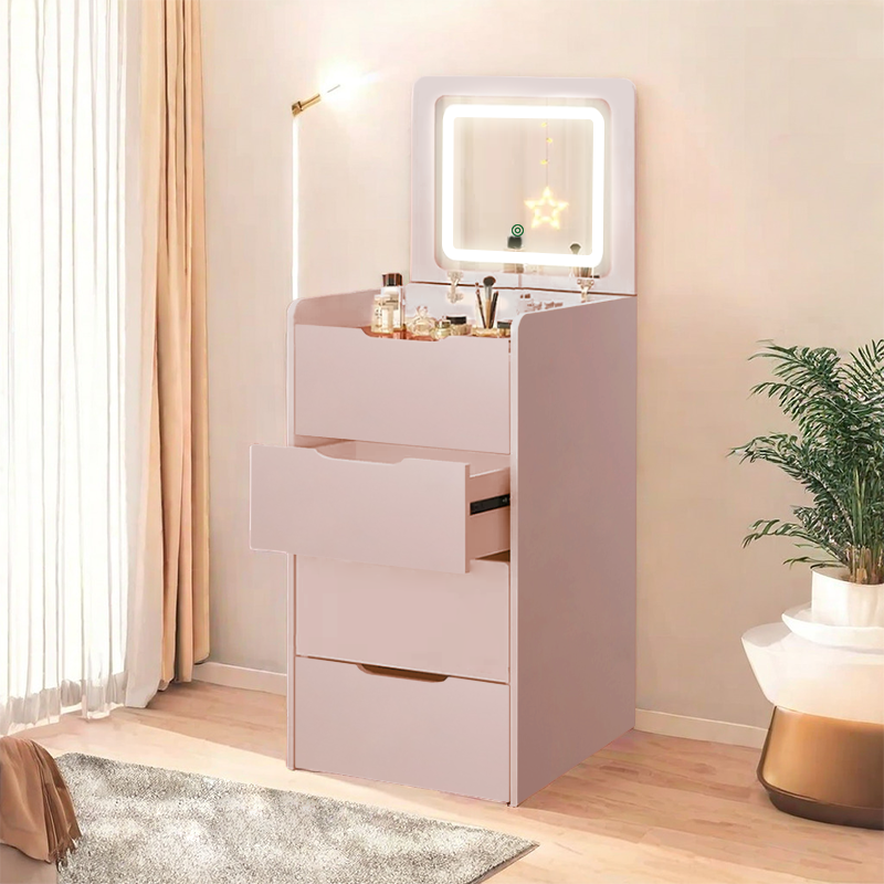 MAZAZU - Kaptafel - LED Spiegel - Krukje – Compacte Make-up Tafel – Roze – 120x48x40 cm