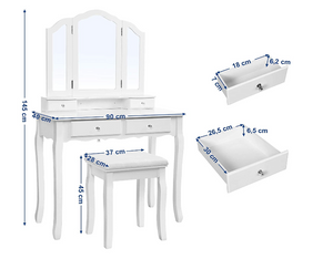 Kaptafel met krukje en 4 lades wit