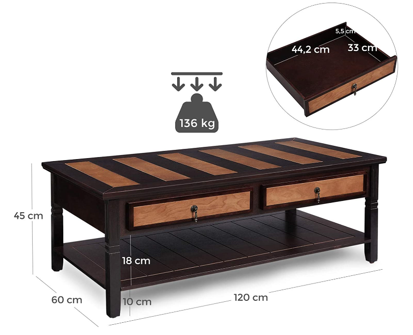 Salontafel met 2 lades bruin/zwart